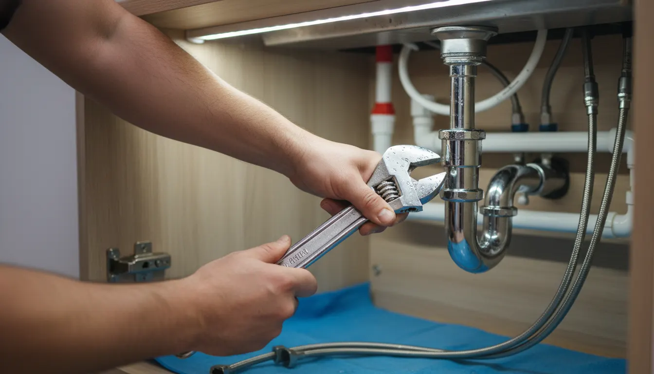 Plumber tightening a fitting under a modern kitchen sink