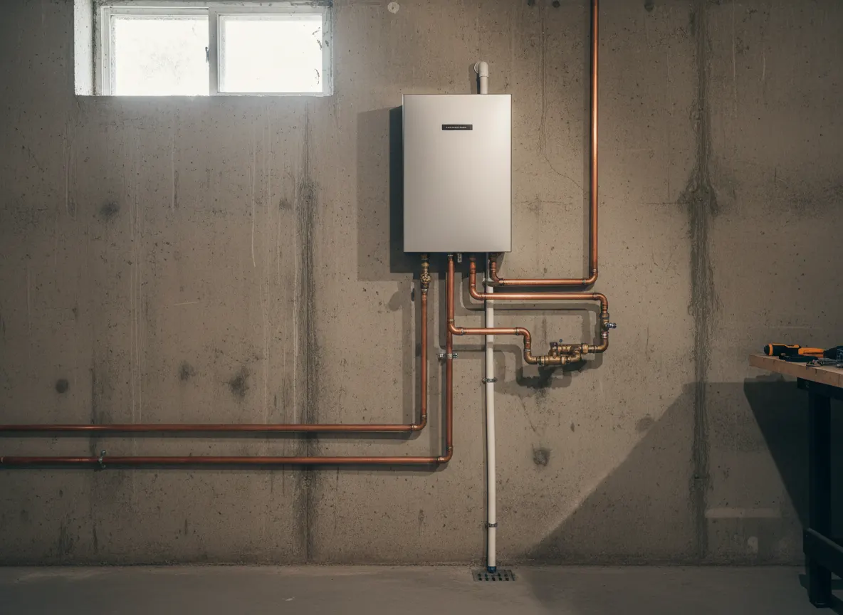 Tankless water heater neatly installed with copper piping