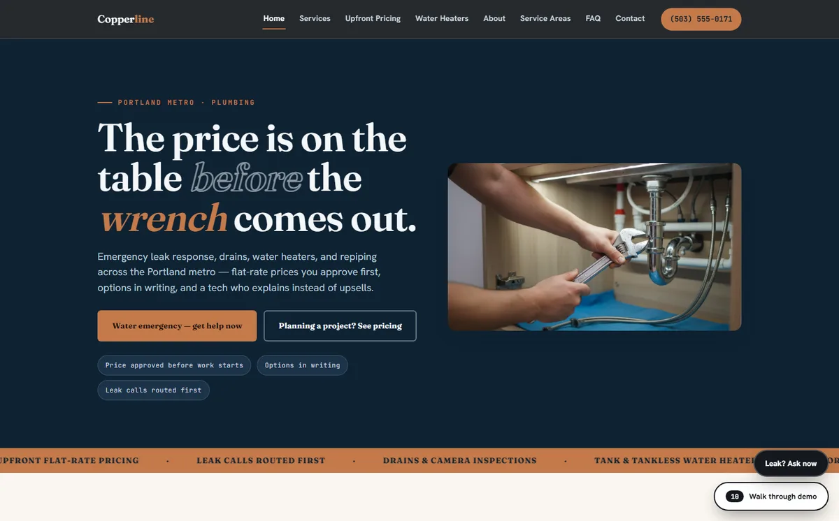 Copperline Plumbing home page on desktop