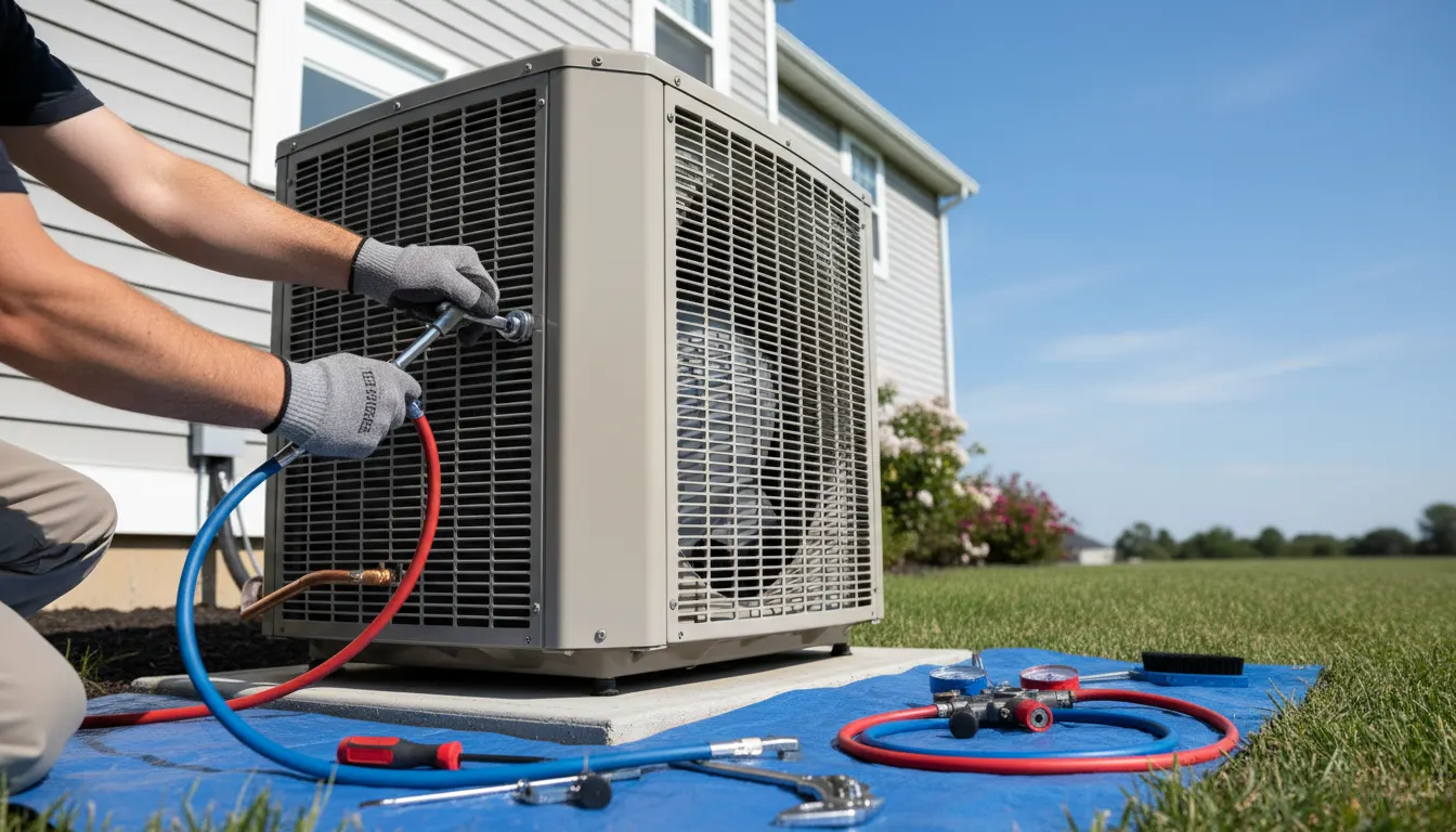 Technician servicing an outdoor AC condenser beside a suburban home