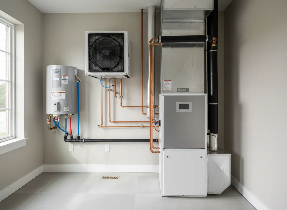 High-efficiency furnace and heat pump system in a clean utility room