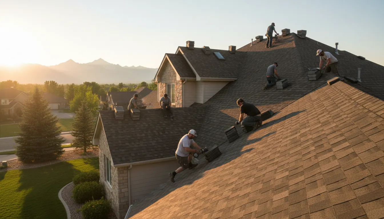 crew on a Front Range roof at golden hour