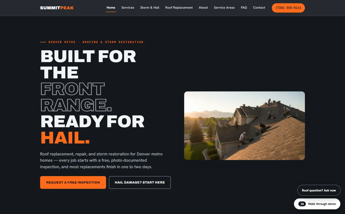 Summit Peak Roofing home page on desktop