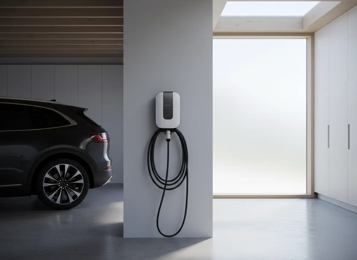 Wall-mounted home EV charger in a clean garage
