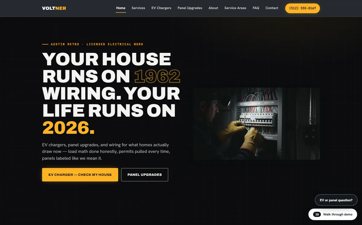 Voltner Electric home page on desktop